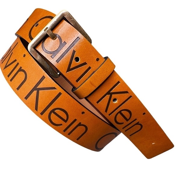 Calvin Klein Logo Brown Vegan Leather Belt - Picture 1 of 3